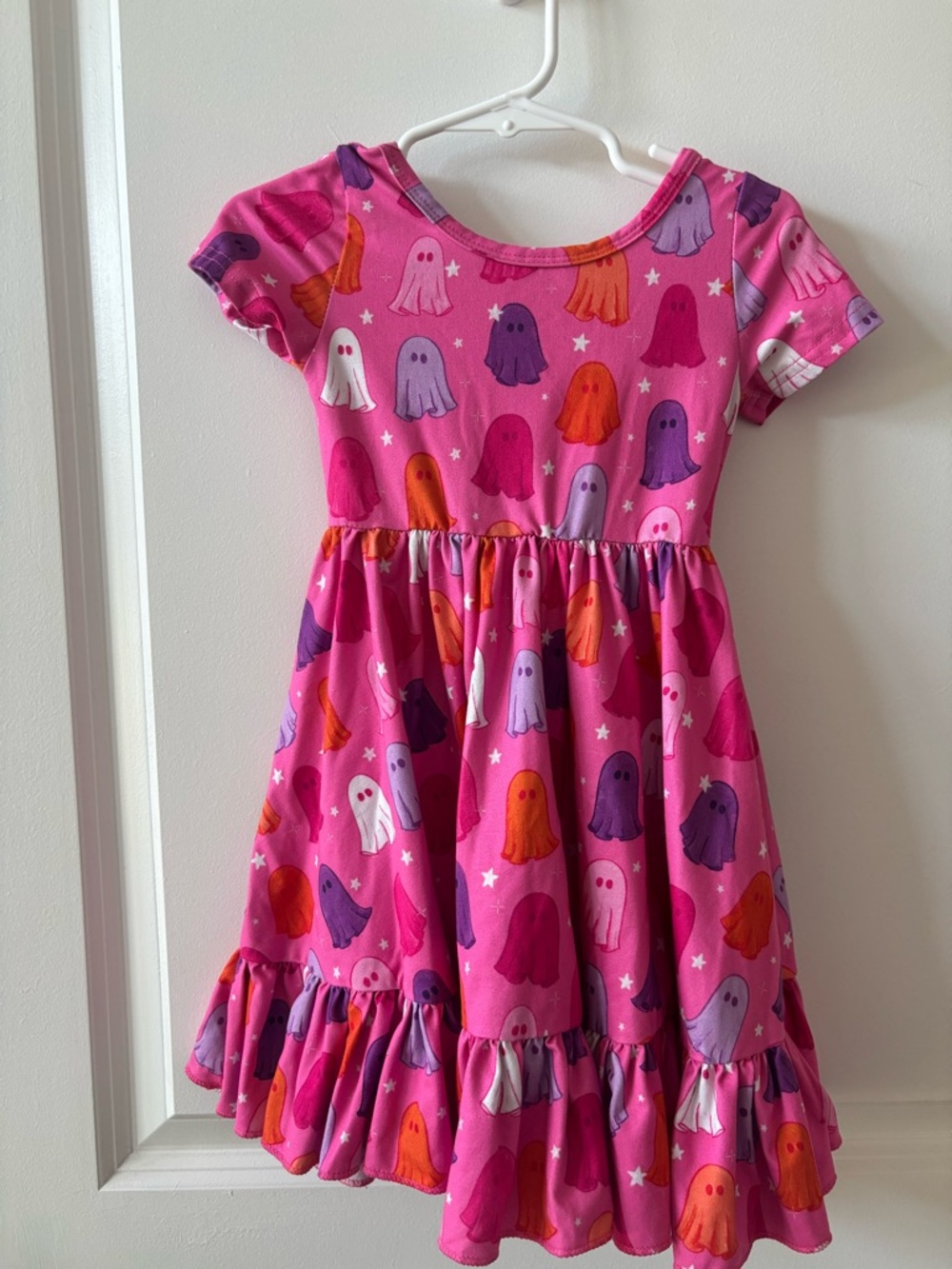 Girls' Pink Ghost Print Ruffle Hem Dress